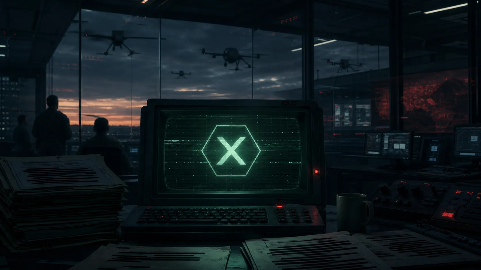 A military command room terminal showing a refusal symbol while drone silhouettes hover beyond dark glass.
