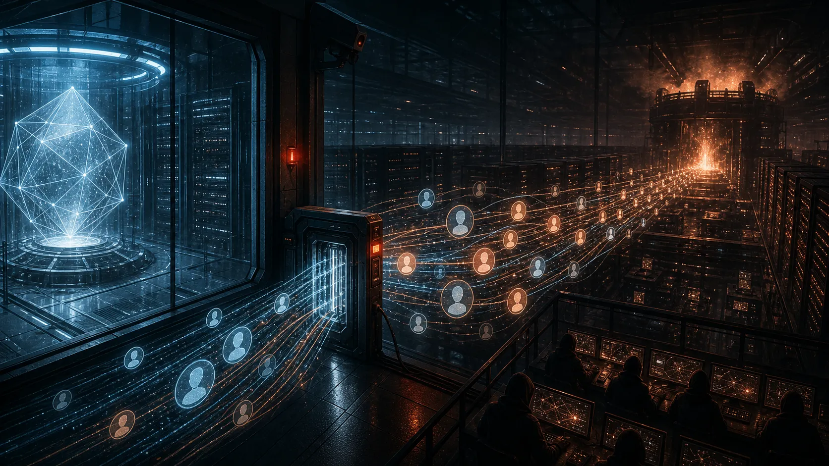 A secured blue AI model core behind glass is siphoned through thousands of account tokens into a shadow training cluster glowing orange.
