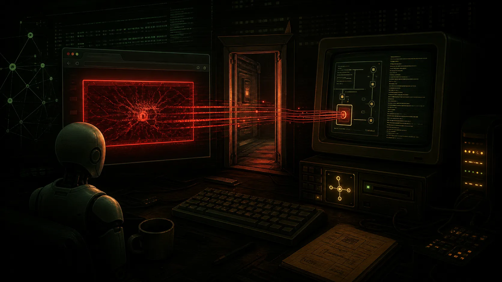 A dark terminal-lit workstation where a malicious red browser page tunnels through an open localhost doorway into an AI agent control plane on a retro monitor.