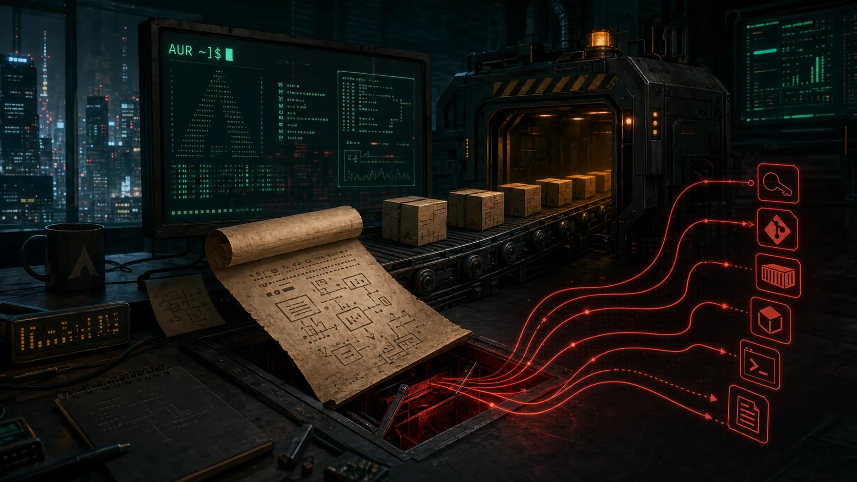 A dark developer workstation where a package build script opens into a hidden trapdoor leaking red data lines toward keys, containers, npm, Git, and terminal artifacts.