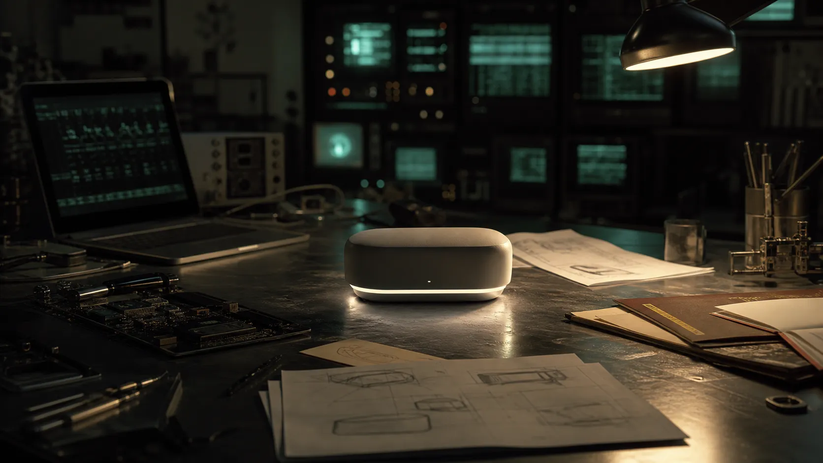 A small glowing AI device prototype on a metal design-studio workbench surrounded by sketches, circuits, and terminal monitors.