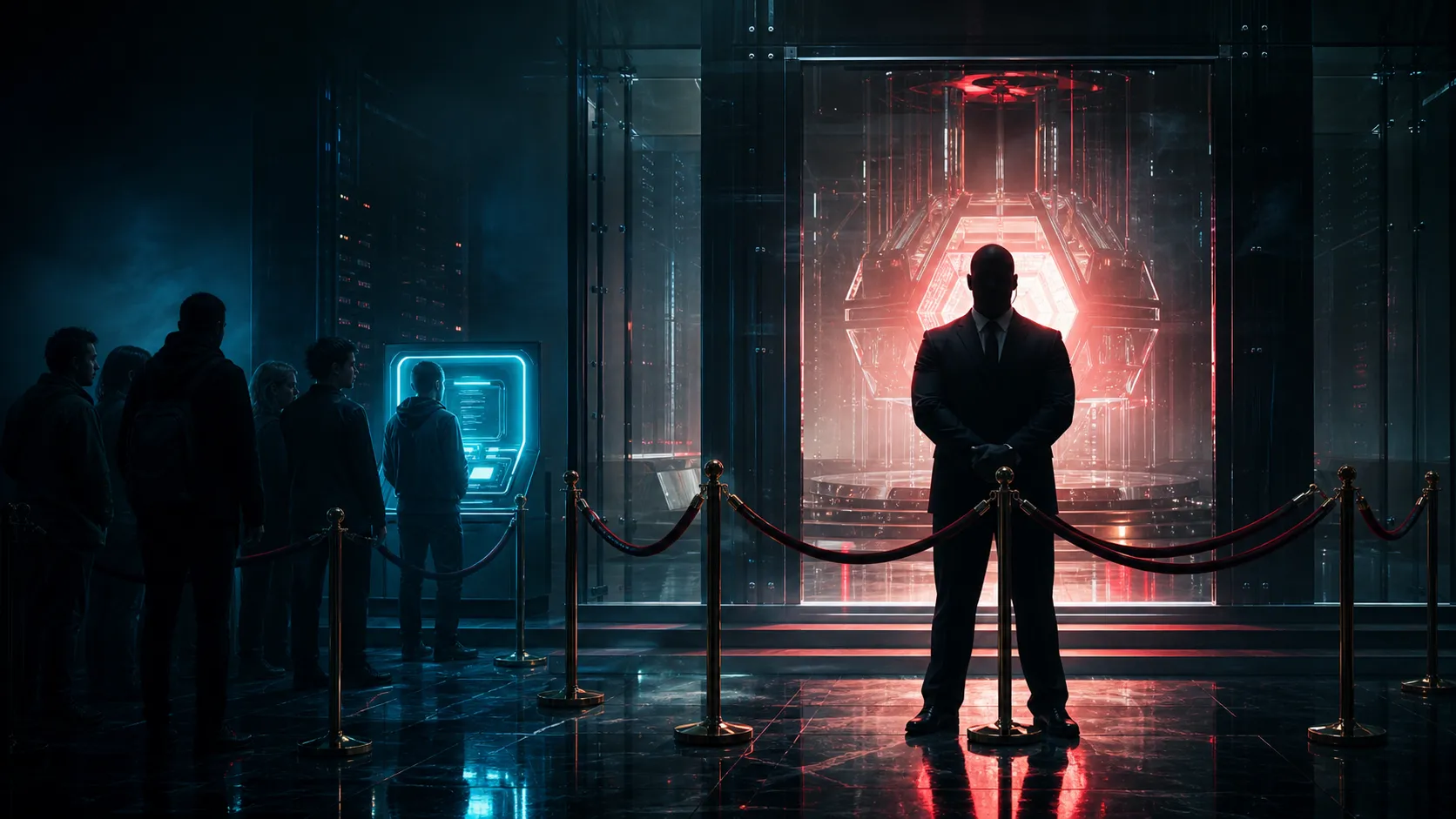 A faceless security bouncer guarding a red-lit AI model chamber while public users queue beside a cooler blue access terminal.