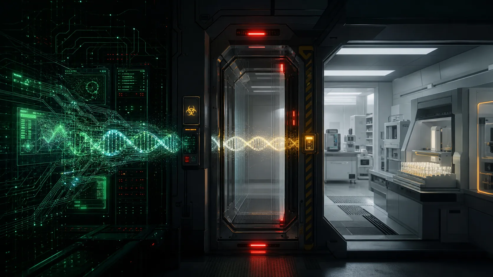 A glowing lab doorway where a synthetic DNA order passes through a security checkpoint watched by abstract AI circuitry and biohazard-warning monitors.