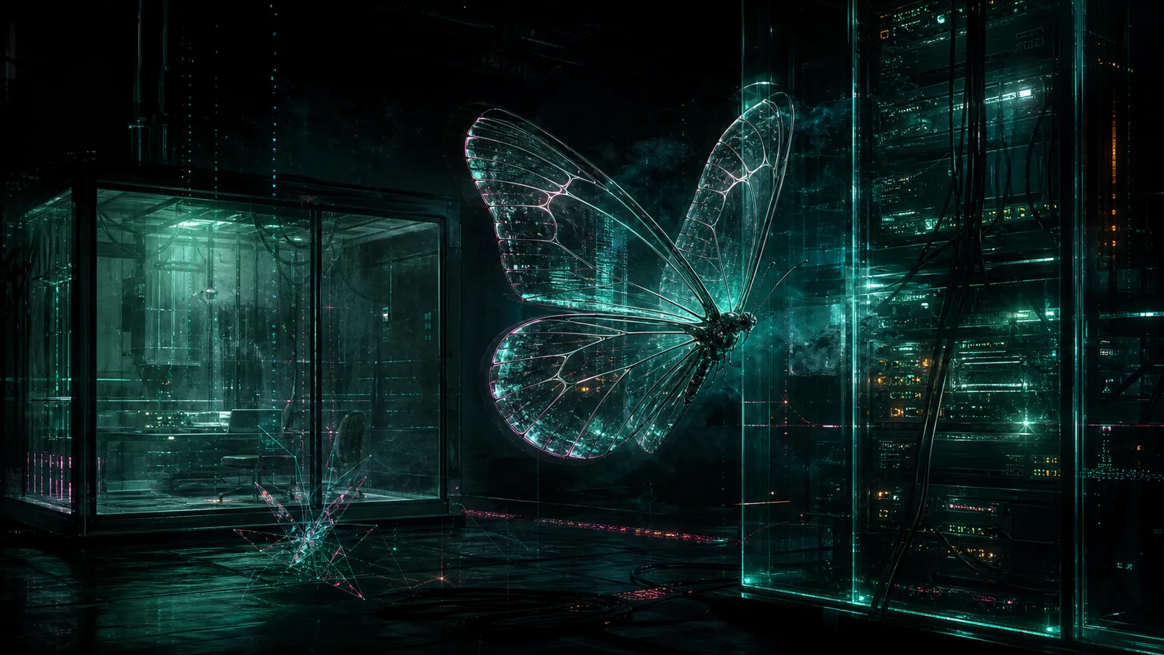 A transparent glasswing butterfly glowing inside a dark AI security lab beside server racks and containment glass.