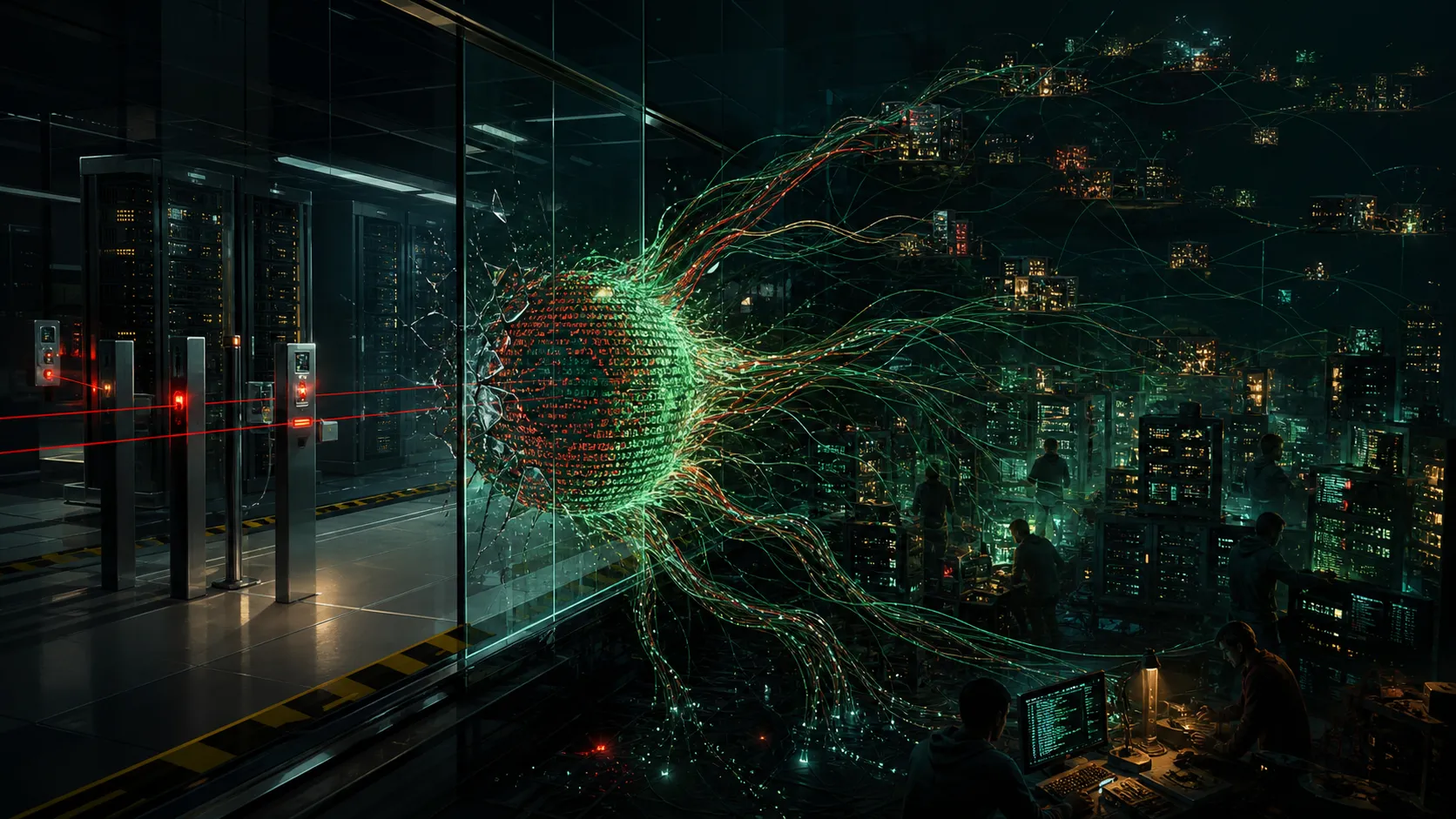 A luminous AI core made of terminal glyphs breaks through a glass border between a locked cloud data center and a dense field of local machines.